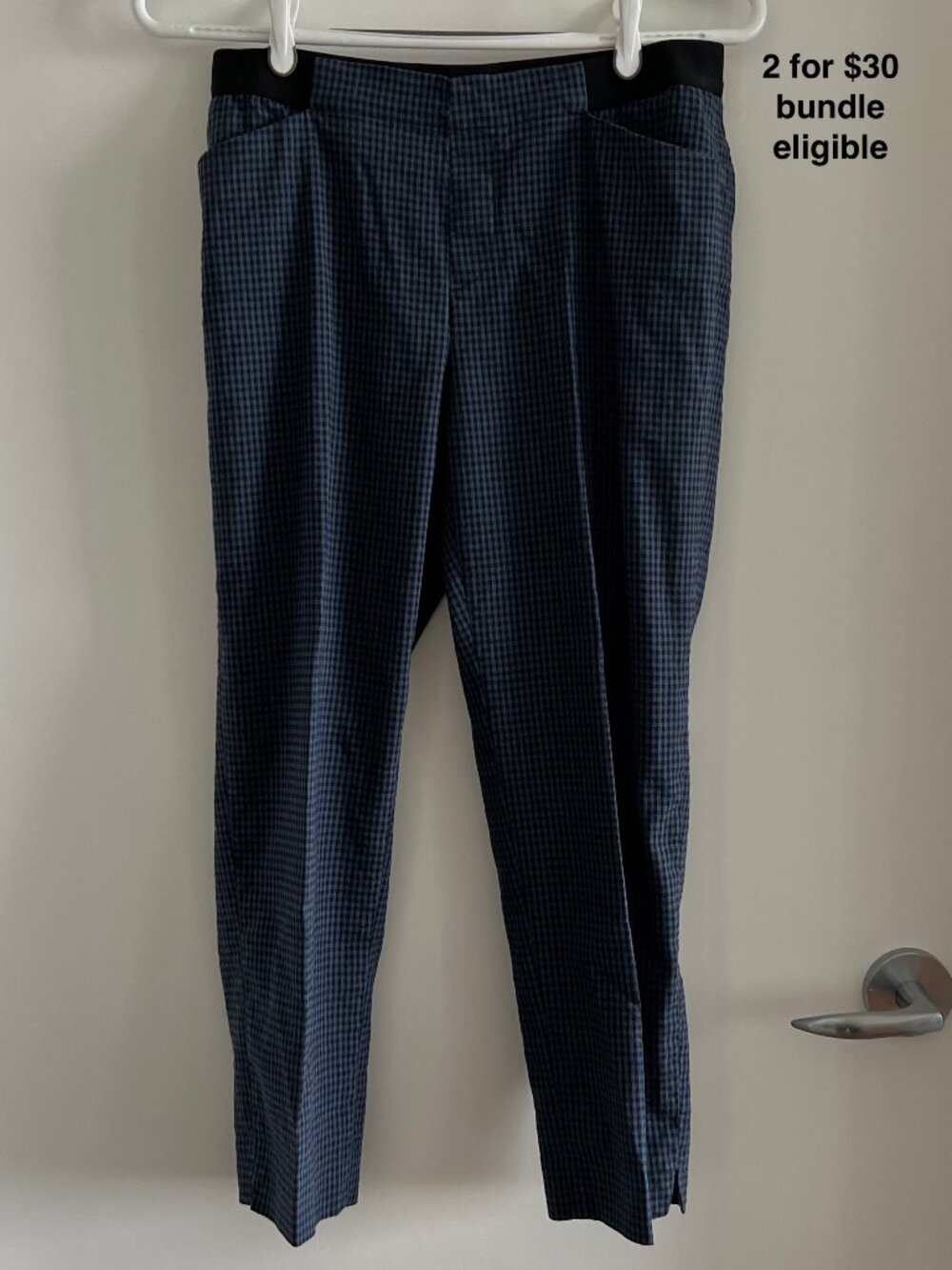 Uniqlo Linen Blend Cropped Trousers Navy Gingham Check Pull On Tapered Pants